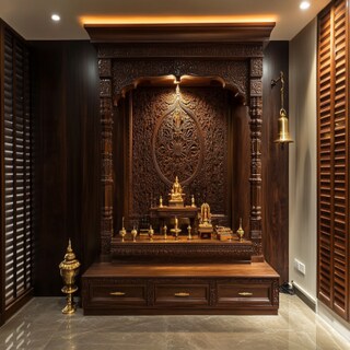 Traditional Walnut Pooja Unit Design with Carved Flower